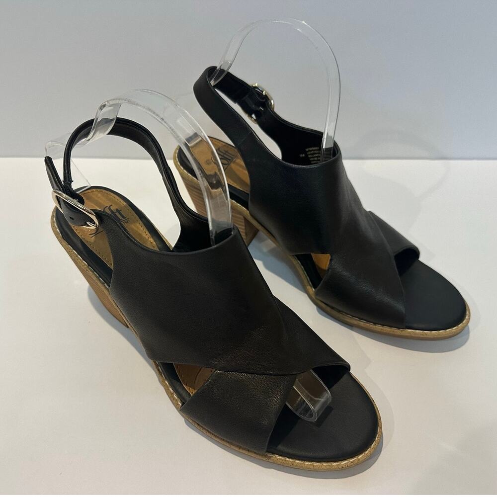 Sofft Mendi Leather Slingback Block Heel Sandals 9M Black Open Toe Comfort